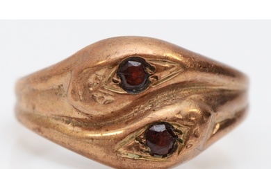 A vintage 9ct rose gold and garnet set double snake ring, S,...