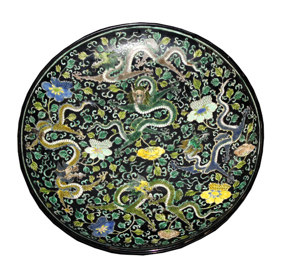 A vintage large Chinese famille verte dragon dish