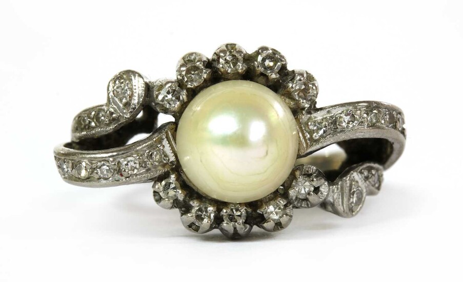 A white gold cultured pearl and diamond ring