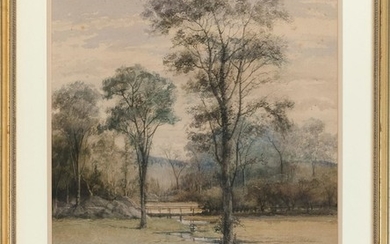 AMERICAN SCHOOL, 19th Century, A bridge over a creek., Watercolor on paper, 22.25" x 17.75". Framed 29.5" x 23.5".