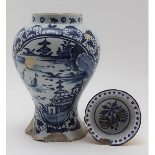 AN 18TH CENTURY DELFT JAR of baluster form, cobalt painted C...