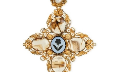 AN ANTIQUE AGATE AND PEARL CROSS PENDANT in yellow gold, comprising a pearl in a cannetille border