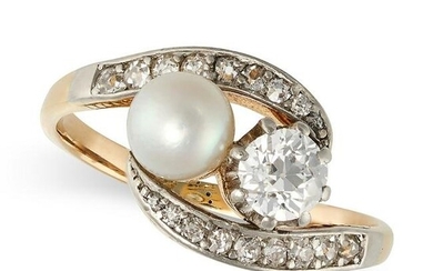 AN ANTIQUE DIAMOND AND PEARL TOI ET MOI RING in 14ct yellow gold and platinum, set with an old cut