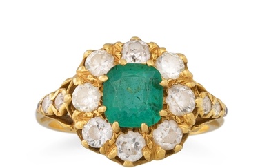 AN ANTIQUE EMERALD AND DIAMOND CLUSTER RING, to diamond set ...