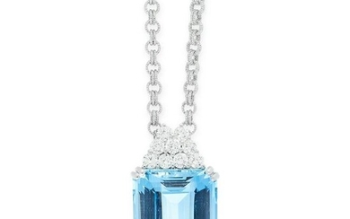 AN AQUAMARINE AND DIAMOND PENDANT AND CHAIN in 18ct