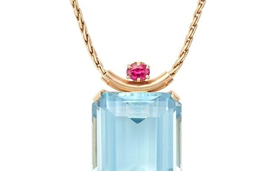 AN AQUAMARINE AND RUBY PENDANT NECKLACE set with an octagonal step cut aquamarine of approximately