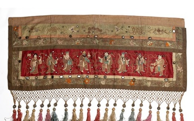 AN EARLY 20TH CENTURY CHINESE EMBROIDERED SILK RED-GROUND TA...
