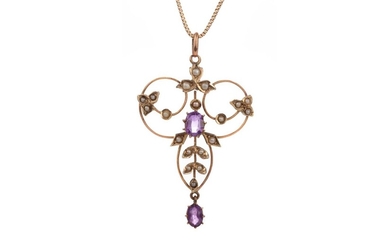 AN EDWARDIAN AMETHYST AND SEED PEARL HOLBEIN