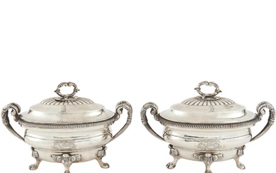 AN IMPRESSIVE PAIR OF GEORGE III STERLING SILVER SAUCE TUREENS William Fountain, London, 1804