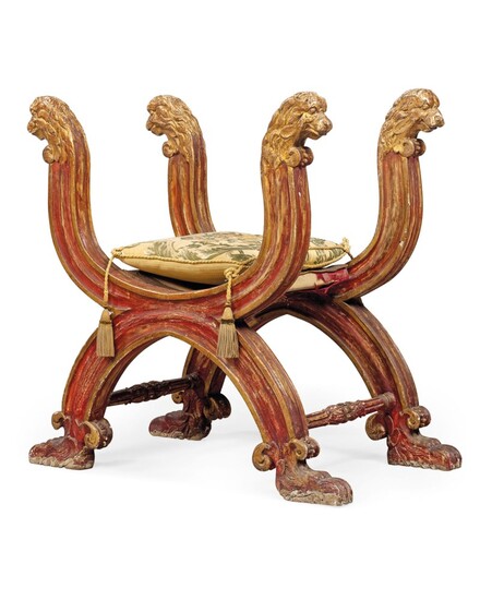 AN ITALIAN RED-PAINTED AND PARCEL-GILT CURULE STOOL, SECOND HALF 19TH CENTURY