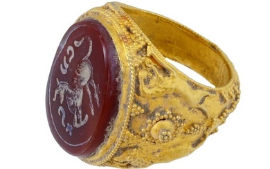 ANCIENT ROMAN CARNELIAN UNICORN INTAGLIO GOLDEN RING