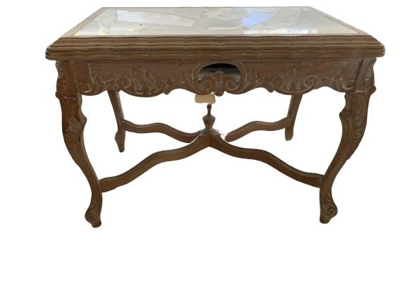 ANTIQUE CARVED WOOD MARBLE TOP SMALL 25" TABLE