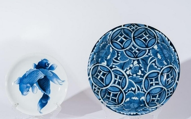 ARTE GIAPPONESE Two blue and white pottery dish Japan