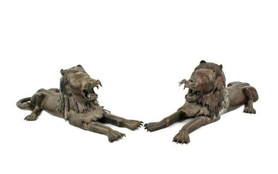 African Benin Style Large Scale Bronze Lions a Pair