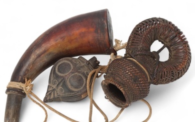 African Tribal powder horn, with finely woven basket and car...