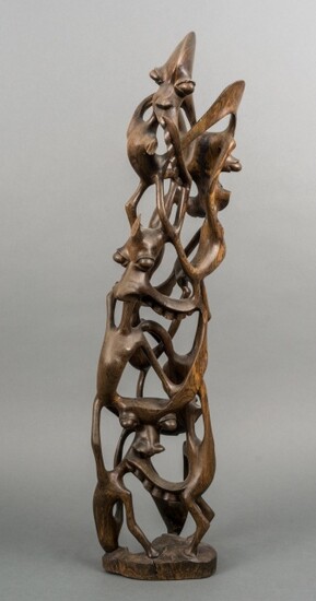Afrikaanse opengewerkte houten sculptuur: geabstraheerde gezichten -defecten-, 74 cm...