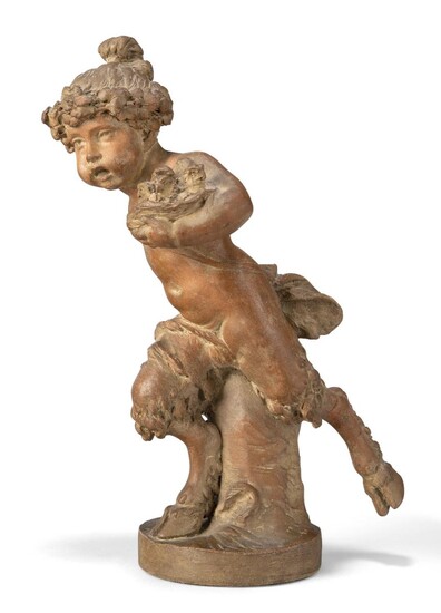 After Claude Michel Clodion, French, 1738-1814, 19th century, a terracotta figure of a satyr holding a nest of birds, inscribed CLODION signature to base, 27cm high