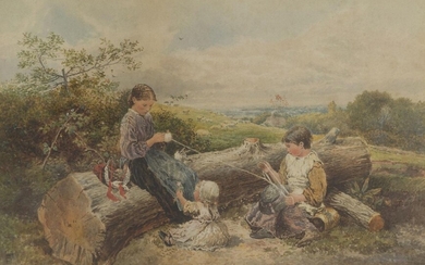 After Myles Birket Foster, RWS, British 1825-1899- The young woolwinders; watercolour on paper, bears monogram 'BF' (lower left), 22 x 34 cm. Provenance: Private Collection, UK.
