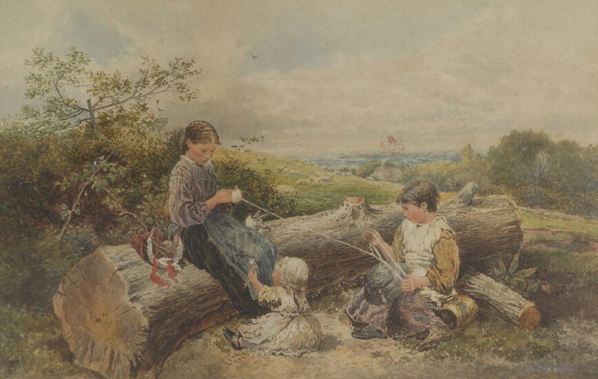 After Myles Birket Foster, RWS, British 1825-1899- The young woolwinders; watercolour on paper, bears monogram 'BF' (lower left), 22 x 34 cm. Provenance: Private Collection, UK.