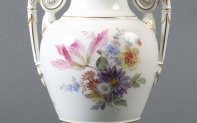 Amphora vase Meissen, 1860-1924, porcelain, glazed, on the front and backside each a polychrome flower bouquet in fine onglaze painting, gold staffage, amphora form with raised, curled handles, on square stand, due to production in two parts and...