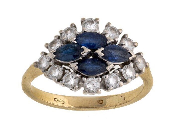 An 18ct gold sapphire and diamond cluster ring, set with marquise-cut sapphires and brilliant-cut diamonds, ring size J 1/2, British hallmarks for 18-carat gold