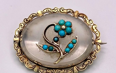 An Antique (Victorian) 15K Gold, Agate and Turquoise Brooch....