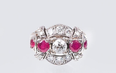 An Art-déco Ring with Diamonds and Rubies.