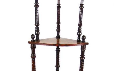 An Edwardian walnut, boxwood strung and marquetry corner what-not, the...