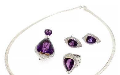 An amethyst and diamond jewellery set comprising a pendant, a ring and a pair of ear studs set with amethysts and diamonds, mounted in 14k white gold. (5)