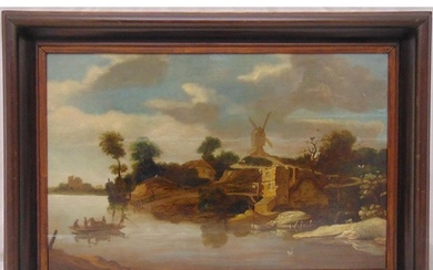 An early 19th century oil on board Dutch scene with a windmi...