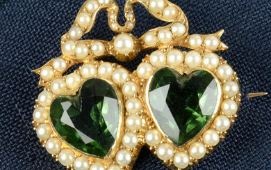 An early 20th century 15ct gold green glass twin hearts and split pearl bow brooch.