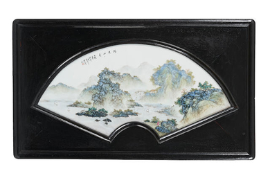 An enamelled fan-shaped 'landscape' ceramic plaque
