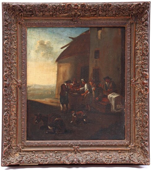 (-), Anonymous, figures and donkey at inn, canvas...