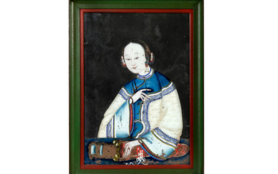 Antieke Chinese achterglasschildering : "Meisje met scroll" - 50 x 35 ||antique Chinese behind glass-painting