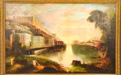 Antique 19th C Edmund C Coates Canal Painting