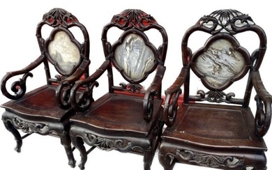 Antique 3 French 18th Century carved ebony wood armchairs with Marble