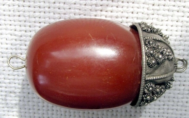 Antique Cherry Bakelite large egg shaped pendant in Yemenite filigree silver frame, 30 gr.