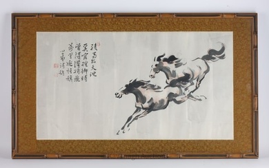 Antique Chinese Watercolour Two Horses Fu Ru