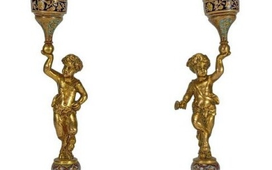 Antique French pair of bronze champleve & onyx