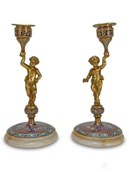 Antique French pair of bronze champleve & onyx