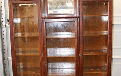 Antique oak 3 door bookcase with carvings in original finish