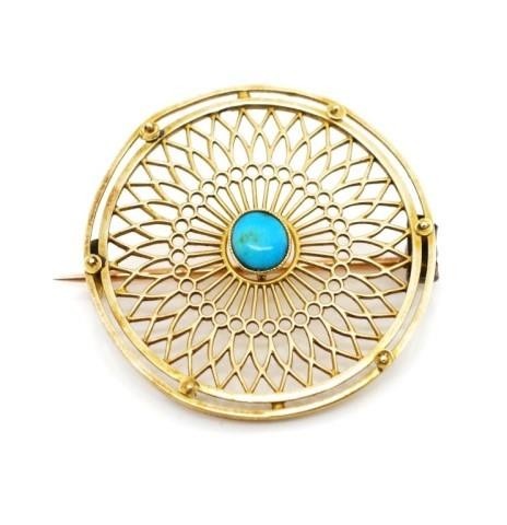 Antique yellow gold and turquoise disc brooch with geometric...