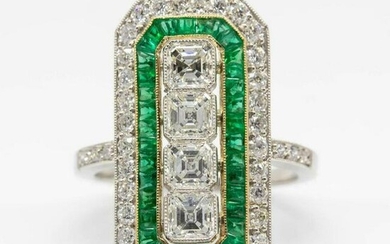 Art Deco Platinum Ascher Cut Diamond and Emerald Ring