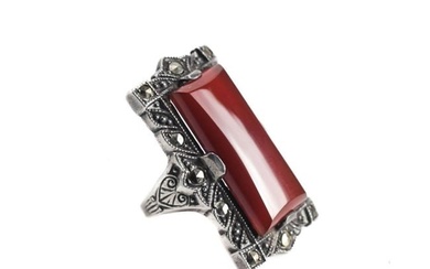 Art Deco Sterling Silver Marcasite Carnelian Ring. Marked Sterling Size 4.25