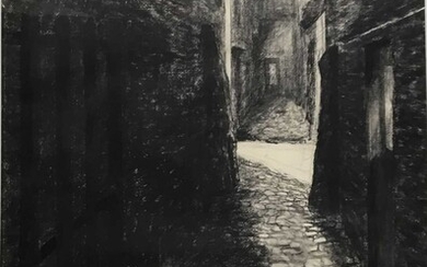 Arthur Oldham (Contemporary) charcoal, Bruges Alleyway, signed and dated 2000, 69 x 48cm, glazed frame