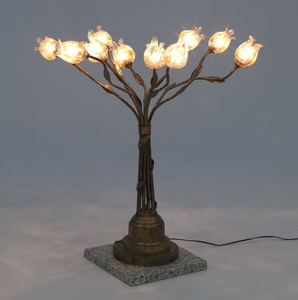 Artisan Sculptural Patinated Metal Ten-Light "Tree of Life" Lamp with Gold Flecked Murano Amber Glass Shades