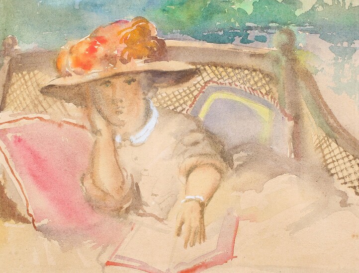 Attributed to Frances Hodgkins, Portrait of a Lady Reading, watercolour and body colour