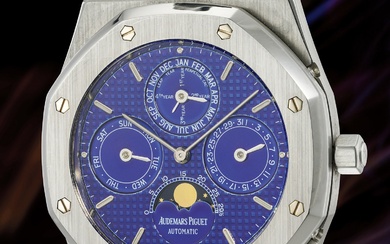 Audemars Piguet, Ref. 25820ST.OO.0944ST.02 A rare and attractive stainless steel perpetual calendar wristwatch with "sapphire blue" dial, bracelet and guarantee