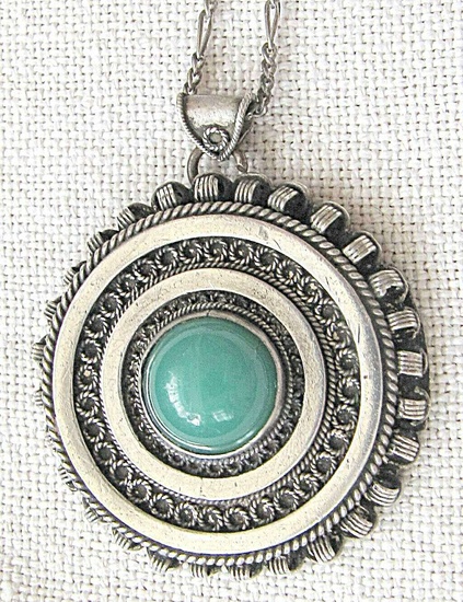 “BENYAMINOFF” Yemenite vintage filigree silver sterling 935 pendant /necklace set with jade