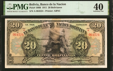 BOLIVIA. El Banco de la Nacion Boliviana. 20 Bolivianos, 1911. P-109B. PMG Extremely Fine 40.